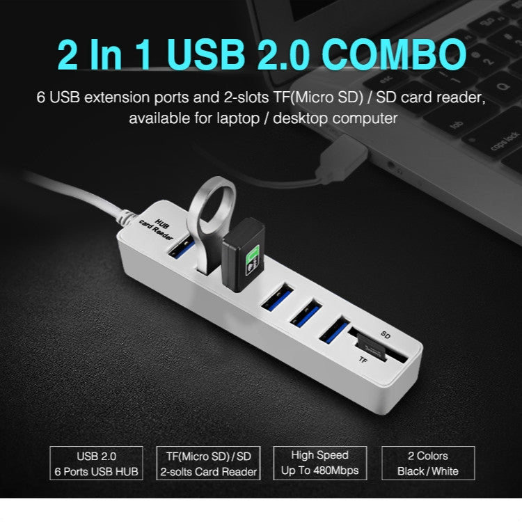 Multi USB 2.0 Hub USB Splitter High Speed 6 Ports with TF SD Card Reader – Durable Build, Easy to Use