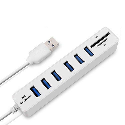 Multi USB 2.0 Hub USB Splitter High Speed 6 Ports with TF SD Card Reader – Durable Build, Easy to Use White