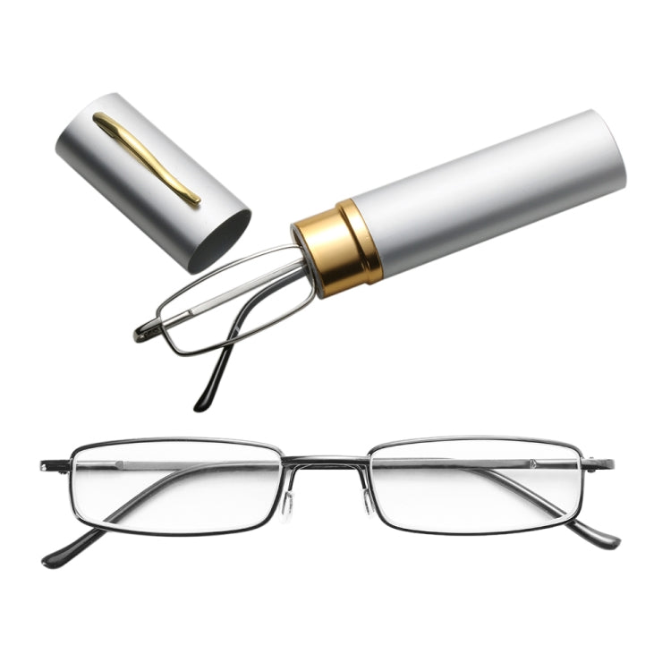 Reading Glasses Metal Spring Foot Portable Presbyopic Glasses with Tube Case, +1.00D, +1.50D, +2.00D – Durable Build, Easy to Use +1.50D Silver Gray