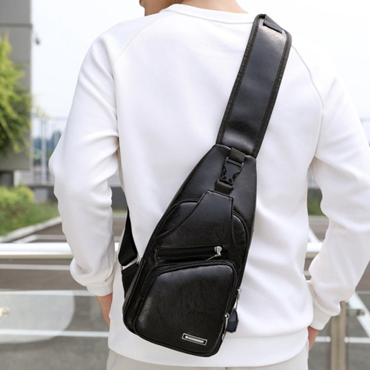 Waterproof Leisure PU Leather Single Shoulder Bag Men Chest Bag with USB Charging Port and Headphone Hole Black