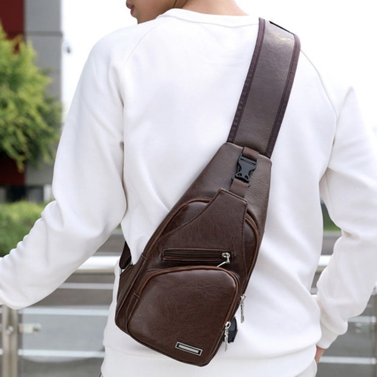Waterproof Leisure PU Leather Single Shoulder Bag Men Chest Bag with USB Charging Port and Headphone Hole – Waterproof, Leather Dark Brown