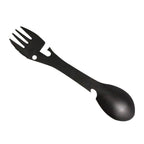 2 PCS 5 in 1 Multi-functional Outdoor Tools Stainless Steel Camping Survival EDC Kit Practical Fork Knife Spoon Bottle/Can Opener Black
