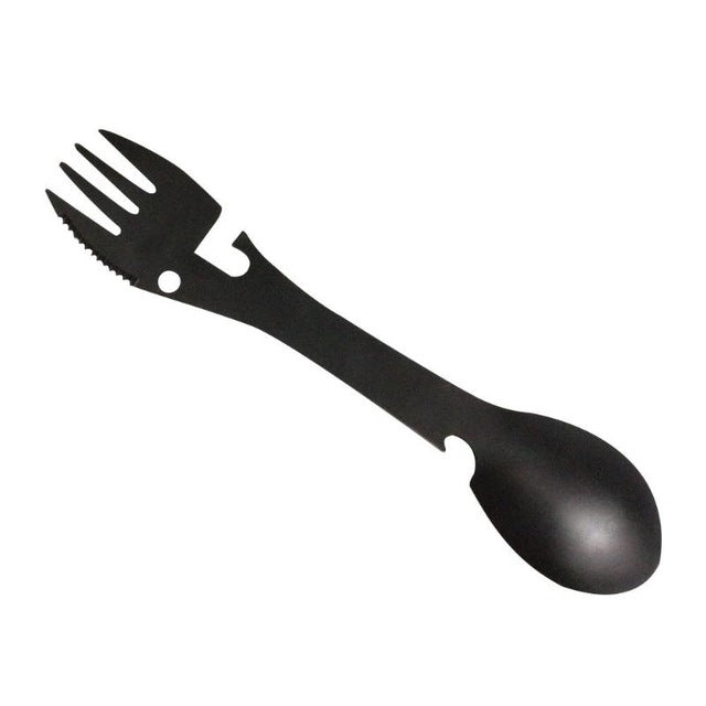 2 PCS 5 in 1 Multi-functional Outdoor Tools Stainless Steel Camping Survival EDC Kit Practical Fork Knife Spoon Bottle/Can Opener Black