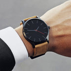 Men Simple Matte Leather Belt Quartz Watch, Brown, White Dial Brown Belt, Black + White, Black