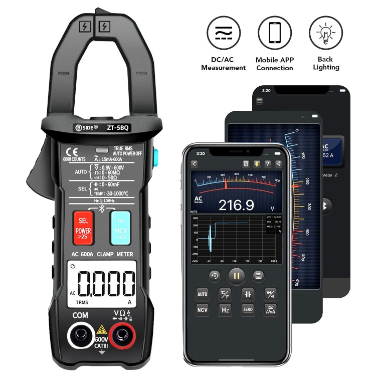 BSIDE Bluetooth 5.0 6000 Words High Precision Smart AC Clamp Meter, ZT-5BQ, ZT-5BQ+C3140 Clip – Bluetooth