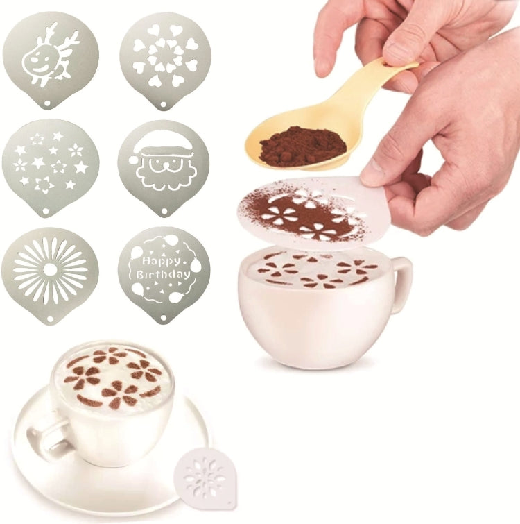 6 PCS Stainless Steel Garland Mold Fancy Coffee Printing Model Coffee Milk Foam Spray Pattern Template Random Style Delivery, 6 PCS 6 PCS