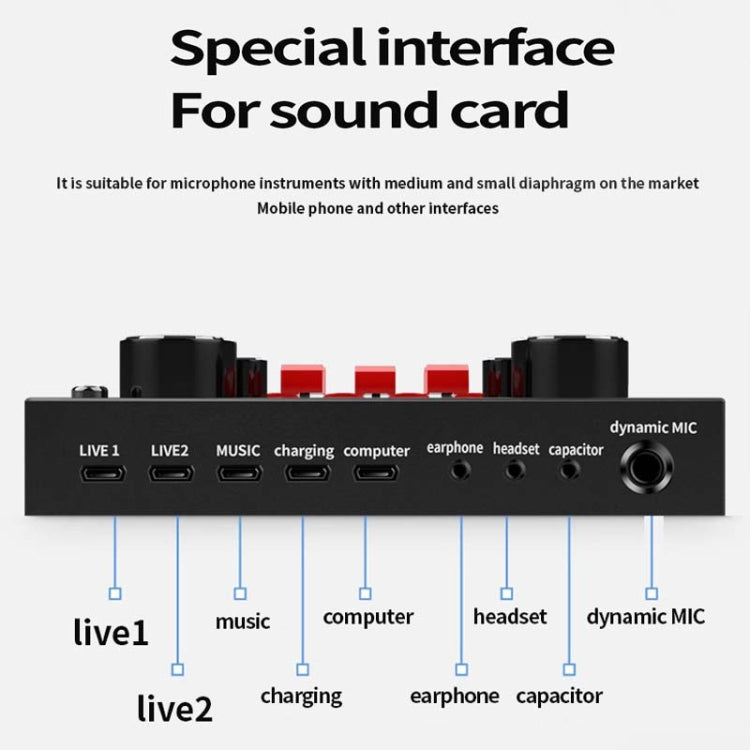 V8S Sound Card Mobile Phone Computer Anchor Live K Song Recording Microphone, English Version, V8S + Golden Net BM700 Set, V8S + Black Bet BM700 Set