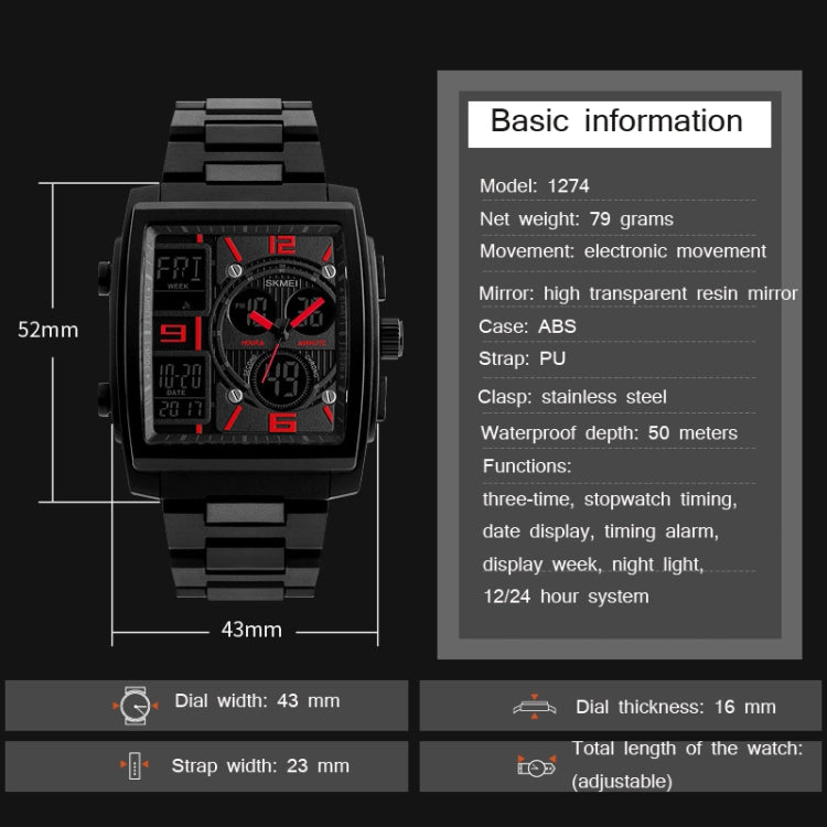 SKMEI 1274 Men Fashion Electronic Watch Multifunctional Outdoor Sports Watch, Red, Blue, Black, Golden