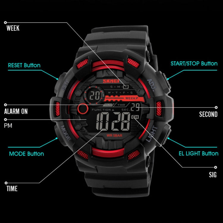 1243 Men Sports Watch Outdoor Waterproof Digital Watch, Red, Black, Golden