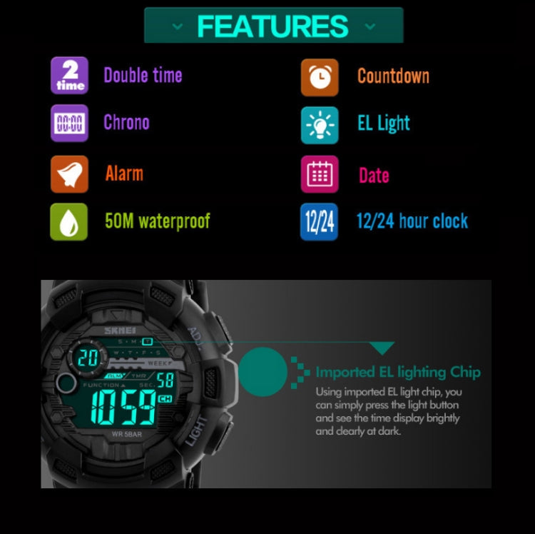 1243 Men Sports Watch Outdoor Waterproof Digital Watch, Red, Black, Golden