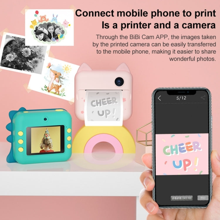 P1 No Card Children Instant Camera 1200W Front And Rear Dual-Lens Mini Print Photographic Digital Camera Toy(Green Dinosaur), Green Dinosaur No Card, Pink Cat No Card, Green Dinosaur 16GB, Pink Cat 16GB, Green Dinosaur 32GB, Pink Cat 32GB – Lanyard