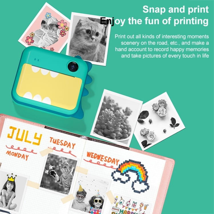 P1 No Card Children Instant Camera 1200W Front And Rear Dual-Lens Mini Print Photographic Digital Camera Toy(Green Dinosaur), Green Dinosaur No Card, Pink Cat No Card, Green Dinosaur 16GB, Pink Cat 16GB, Green Dinosaur 32GB, Pink Cat 32GB – Lanyard