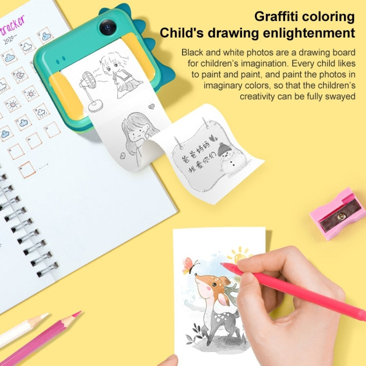 P1 No Card Children Instant Camera 1200W Front And Rear Dual-Lens Mini Print Photographic Digital Camera Toy(Green Dinosaur), Green Dinosaur No Card, Pink Cat No Card, Green Dinosaur 16GB, Pink Cat 16GB, Green Dinosaur 32GB, Pink Cat 32GB – Lanyard