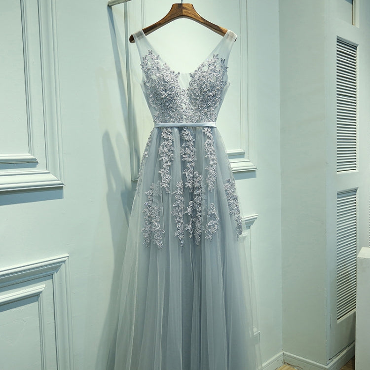 Sexy V-neck Evening Dress Robe Tulle Applique Evening Dresses, S, XXL, XXXL S Silver Gray