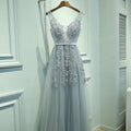 Sexy V-neck Evening Dress Robe Tulle Applique Evening Dresses, S, XXL, XXXL S Silver Gray