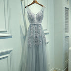 Sexy V-neck Evening Dress Robe Tulle Applique Evening Dresses, S, XXL, XXXL S Silver Gray