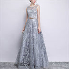 Banquet Lace Sleeveless Long Party Formal Gown, XS, S, M, L, XL, XXL, XXXL XS Grey