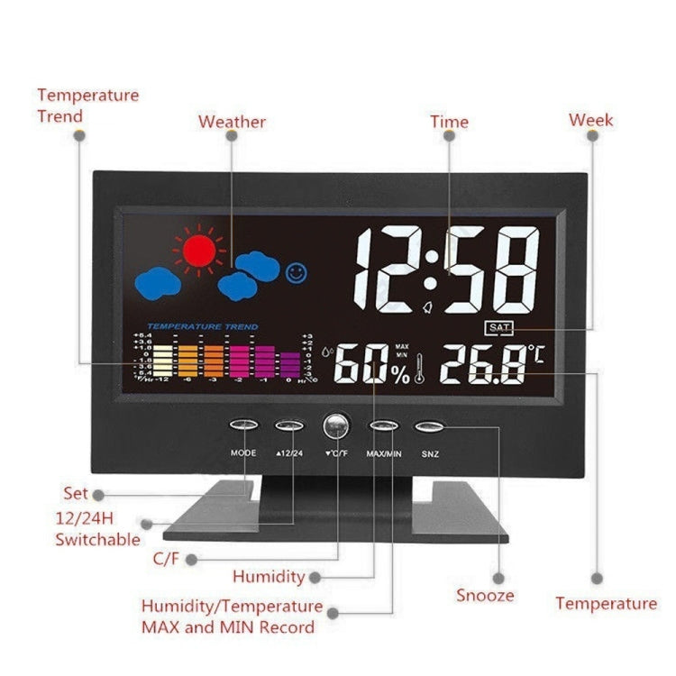 8082T Weather Forecast Clock LED Color Screen Perpetual Calendar Temperature And Humidity Intelligent Voice Control Electronic Alarm Cloc,Specification:, Black, Black + USB