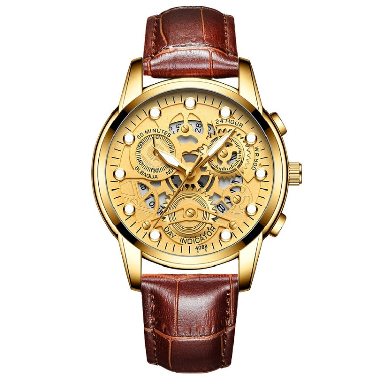 FNGEEN 4088 Men Hollow Quartz Watch Student Waterproof Luminous Watch, Full Gold Gold Surface, Full Gold Black Surface, Black Steel Black Surface White Nails, Black Steel Black Surface Gold Nails, Gold And Gold Surface, Gold Black Surface... Brown Leather Full Golden Surface