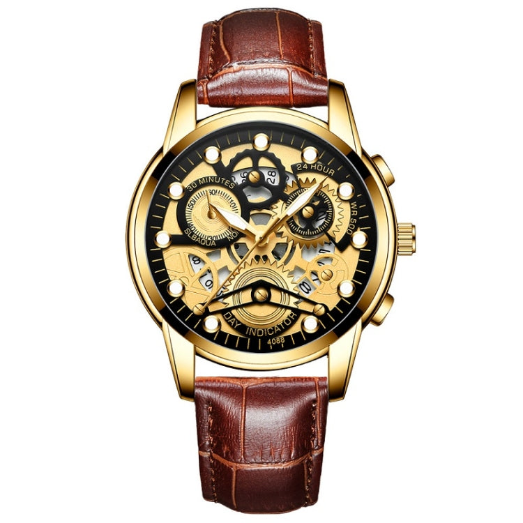 FNGEEN 4088 Men Hollow Quartz Watch Student Waterproof Luminous Watch, Full Gold Gold Surface, Full Gold Black Surface, Black Steel Black Surface White Nails, Black Steel Black Surface Gold Nails, Gold And Gold Surface, Gold Black Surface... Brown Leather Full Gold Black Surface