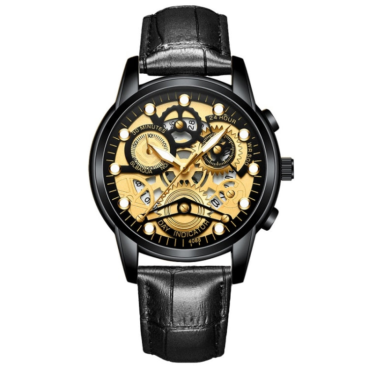 FNGEEN 4088 Men Hollow Quartz Watch Student Waterproof Luminous Watch, Full Gold Gold Surface, Full Gold Black Surface, Black Steel Black Surface White Nails, Black Steel Black Surface Gold Nails, Gold And Gold Surface, Gold Black Surface... All Black Surface Gold Nails