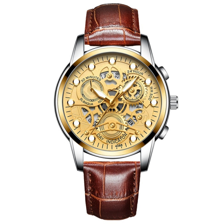 FNGEEN 4088 Men Hollow Quartz Watch Student Waterproof Luminous Watch, Full Gold Gold Surface, Full Gold Black Surface, Black Steel Black Surface White Nails, Black Steel Black Surface Gold Nails, Gold And Gold Surface, Gold Black Surface... Brown Leather Gold Surface