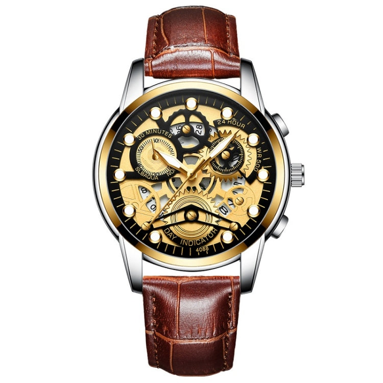 FNGEEN 4088 Men Hollow Quartz Watch Student Waterproof Luminous Watch, Full Gold Gold Surface, Full Gold Black Surface, Black Steel Black Surface White Nails, Black Steel Black Surface Gold Nails, Gold And Gold Surface, Gold Black Surface... Brown Leather Gold Black Surface