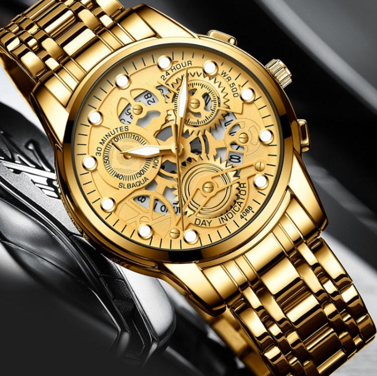 FNGEEN 4088 Men Hollow Quartz Watch Student Waterproof Luminous Watch, Full Gold Gold Surface, Full Gold Black Surface, Black Steel Black Surface White Nails, Black Steel Black Surface Gold Nails, Gold And Gold Surface, Gold Black Surface...