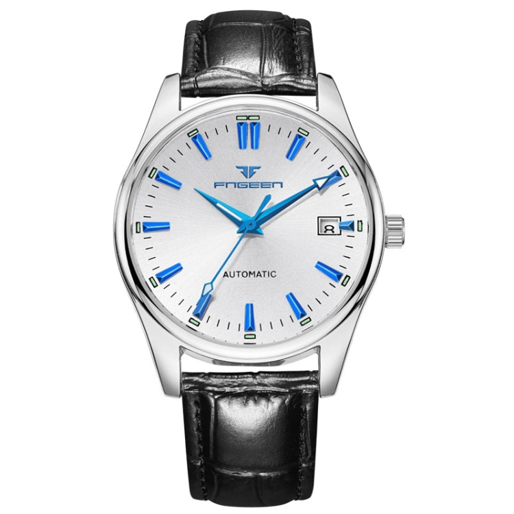 FNGEEN 2111 Men Simple Luminous Calendar Quartz Watch Black Leather White Shell White Surface