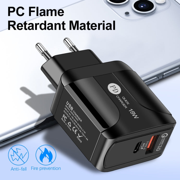 18W PD + QC 3.0 Fast Charge Travel Charger Power Adapter With LED Indication Function, EU Plug Black, US Plug Black, UK Plug Black, EU Plug White, US Plug White, UK Plug White