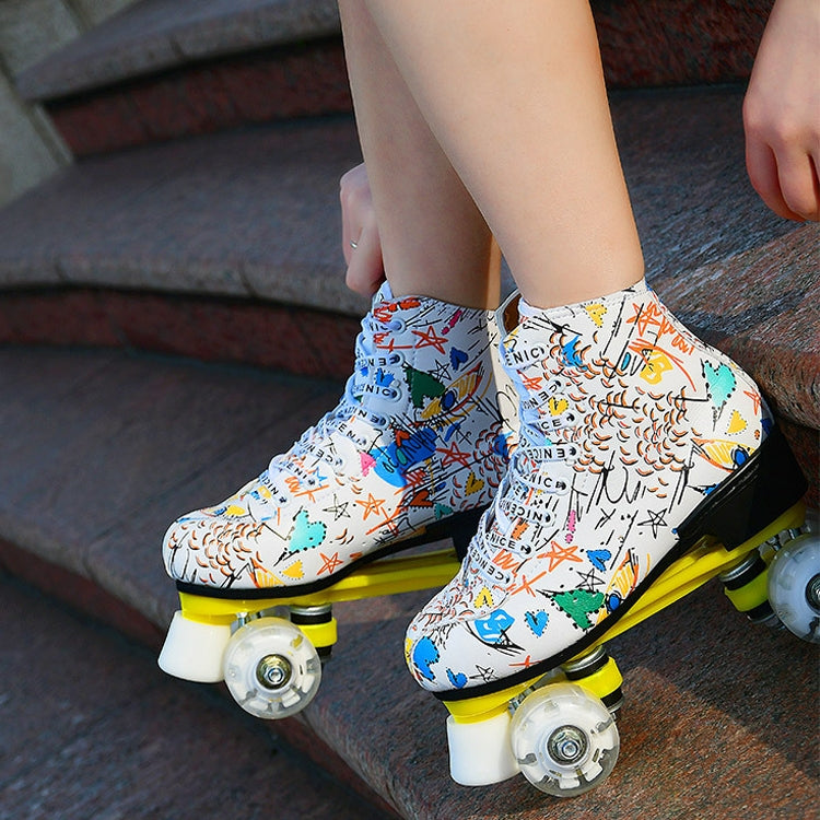 Adult Children Graffiti Roller Skates Shoes Double Row Four-Wheel Roller Skates Shoes, 42