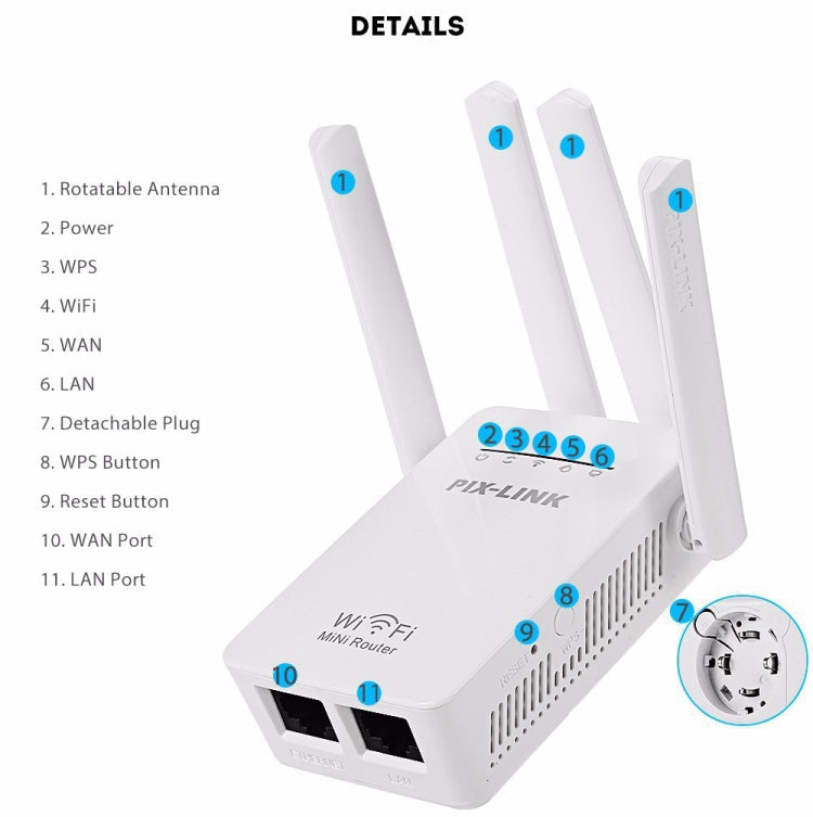 PIX-LINK LV-WR09 300Mbps WiFi Range Extender Repeater Mini Router, US Pulg, EU Plug, UK Plug, AU Plug – Durable Build, Easy to Use