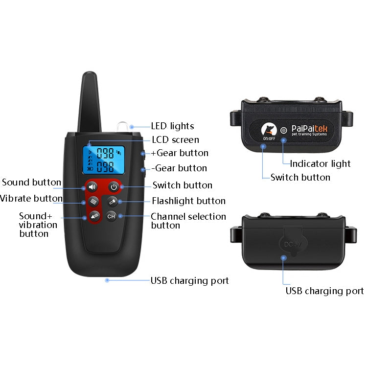 PaiPaitek PD526V-2 1 In 2 100-Speed Sound Vibration Remote Control Training Dog Device Anti-Barking Device Electronic Remote Control Collar, PD526V-2 – Lanyard