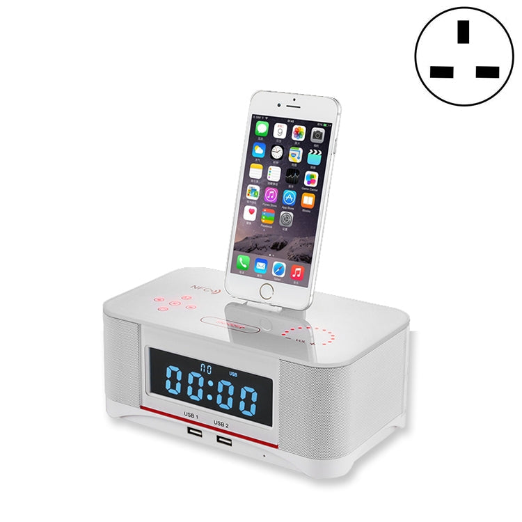 A8 Charging Base Audio NFC Bluetooth Speaker Alarm Clock, US Plug, UK Plug, EU Plug – Bluetooth, TPU UK Plug White