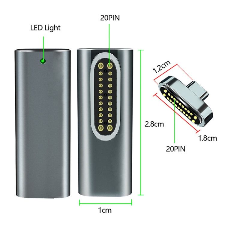 20 Pin Elbow Magnetic USB-C / Type-C Adapter Support Charging and 4K Video Transferring, Silver, Gray, Black – Magnetic, Aluminum Alloy, Data Transmission