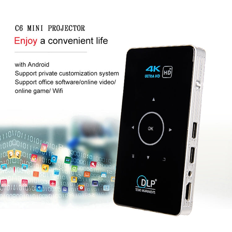 C6 1G+8G Android System Intelligent DLP HD Mini Projector Portable Home Mobile Phone Projector，, US Plug (Black), EU Plug (Black), UK Plug (Black), AU Plug (Black), US Plug (White), AU Plug (White)