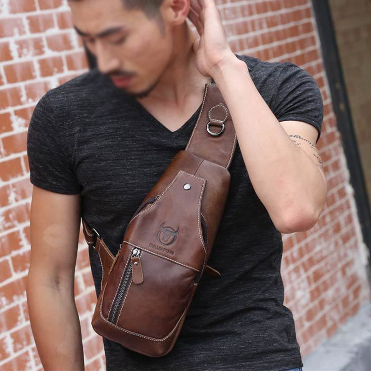 BULL CAPTAIN 019 Retro Men Leather Crossbody Shoulder Bag First-Layer Cowhide Chest Bag, Colour: Black + Buckle, Chestnut Brown, Yellow Brown, Gray Brown, Pure Black, Chestnut Brown + Buckle + Bracket, Black + Buckle + Bracket, Yellow + Buckle +...
