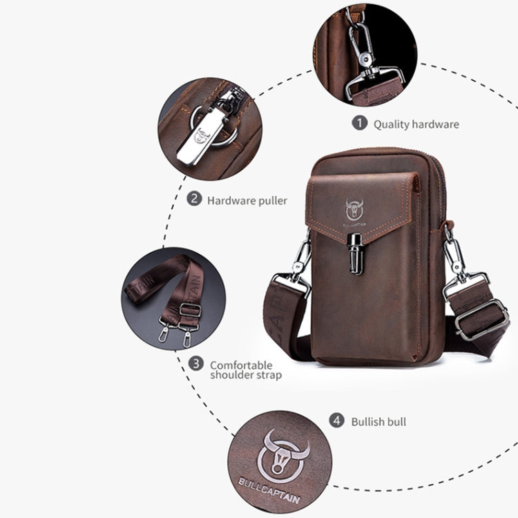 BULL CAPTAIN 076 Retro Leather Mobile Phone Waist Bag Men Leather Messenger Bag, Black, Brown – Wear-resistant, Leather