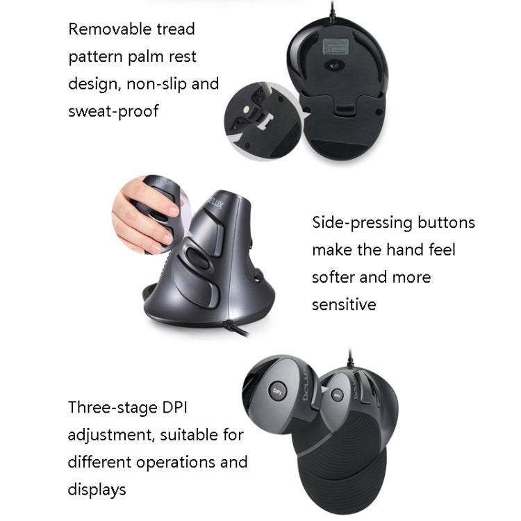 DELUX M618 6-Keys Vertical Handheld Mouse Ergonomic Wired Mouse, Cable Length: 1.5m, Wired – Non-slip