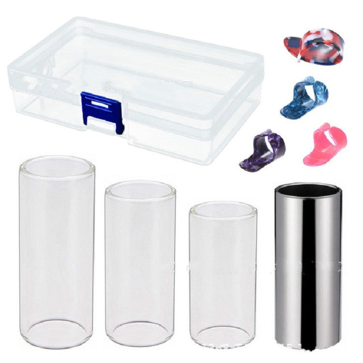 M02219 4 in 1 Plexiglass Slid Bar + Stainless Steel Slid Bar + Celluloid Guitar Finger Pick + Plastic Box Set, Plexiglass Slid Bar – Durable Build, Easy to Use Plexiglass Slid Bar