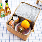 Portable Insulated Thermal Lunch Box Canvas Imitation Rattan Lunch Bag Picnic Container
