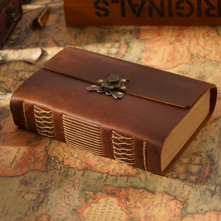 Handmade Sketchbook Cowhide Notebook Retro Notepad Notebook Diary Gift, Crazy Horse - Yellow Brown, Carved - Yellow Brown Crazy Horse - Yellow Brown