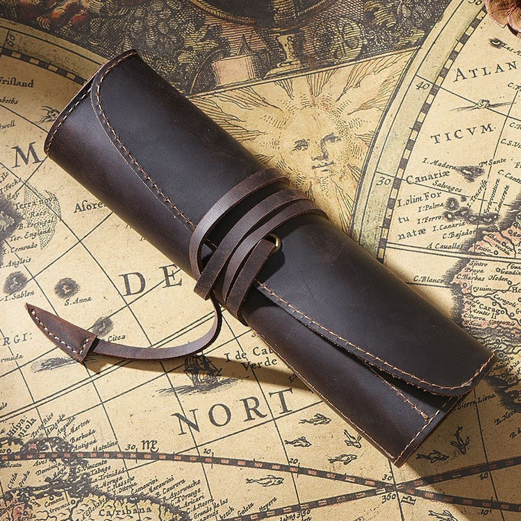 Retro First Layer Cowhide Pen Curtain Simple Literary Pencil Case Multifunctional Volume Pencil Case, Crazy Horse Skin Black, Crazy Horse Skin Coffee, Crazy Horse Skin Brown, Crazy Horse Skin Wine Red, Crazy Horse Skin Ink Green, Crazy Horse Skin Blue... Crazy Horse Skin Coffee