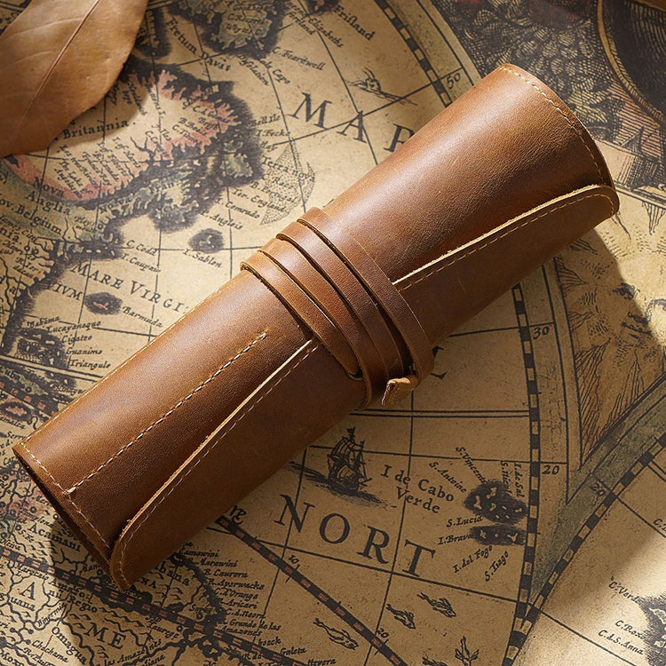 Retro First Layer Cowhide Pen Curtain Simple Literary Pencil Case Multifunctional Volume Pencil Case, Crazy Horse Skin Black, Crazy Horse Skin Coffee, Crazy Horse Skin Brown, Crazy Horse Skin Wine Red, Crazy Horse Skin Ink Green, Crazy Horse Skin Blue... Crazy Horse Skin Brown