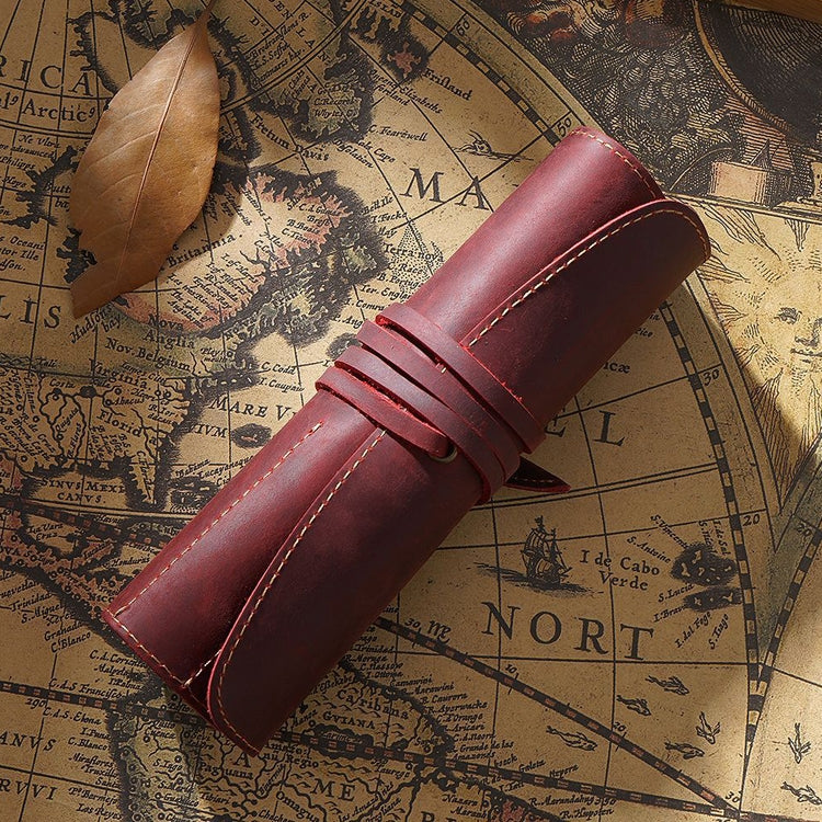 Retro First Layer Cowhide Pen Curtain Simple Literary Pencil Case Multifunctional Volume Pencil Case, Crazy Horse Skin Black, Crazy Horse Skin Coffee, Crazy Horse Skin Brown, Crazy Horse Skin Wine Red, Crazy Horse Skin Ink Green, Crazy Horse Skin Blue... Crazy Horse Skin Wine Red