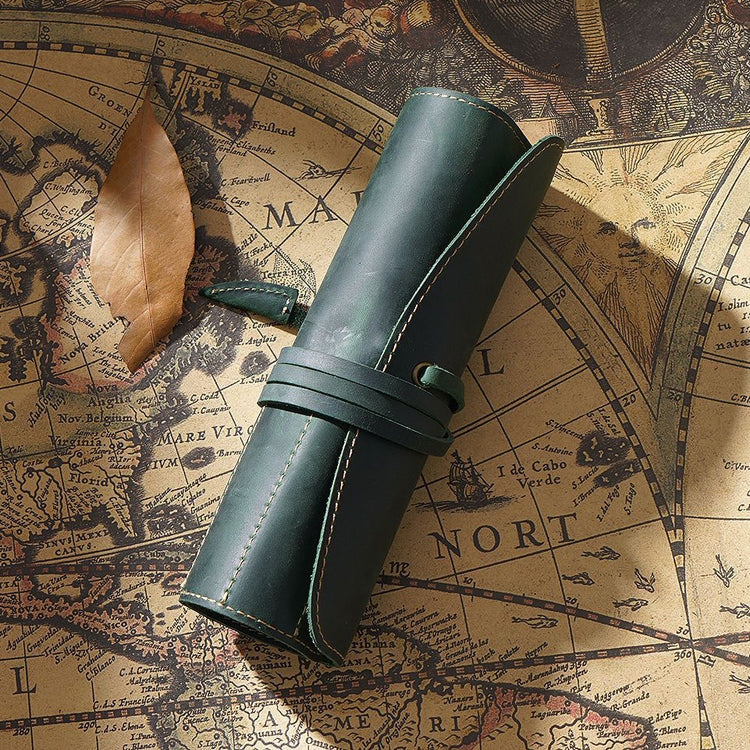 Retro First Layer Cowhide Pen Curtain Simple Literary Pencil Case Multifunctional Volume Pencil Case, Crazy Horse Skin Black, Crazy Horse Skin Coffee, Crazy Horse Skin Brown, Crazy Horse Skin Wine Red, Crazy Horse Skin Ink Green, Crazy Horse Skin Blue... Crazy Horse Skin Ink Green