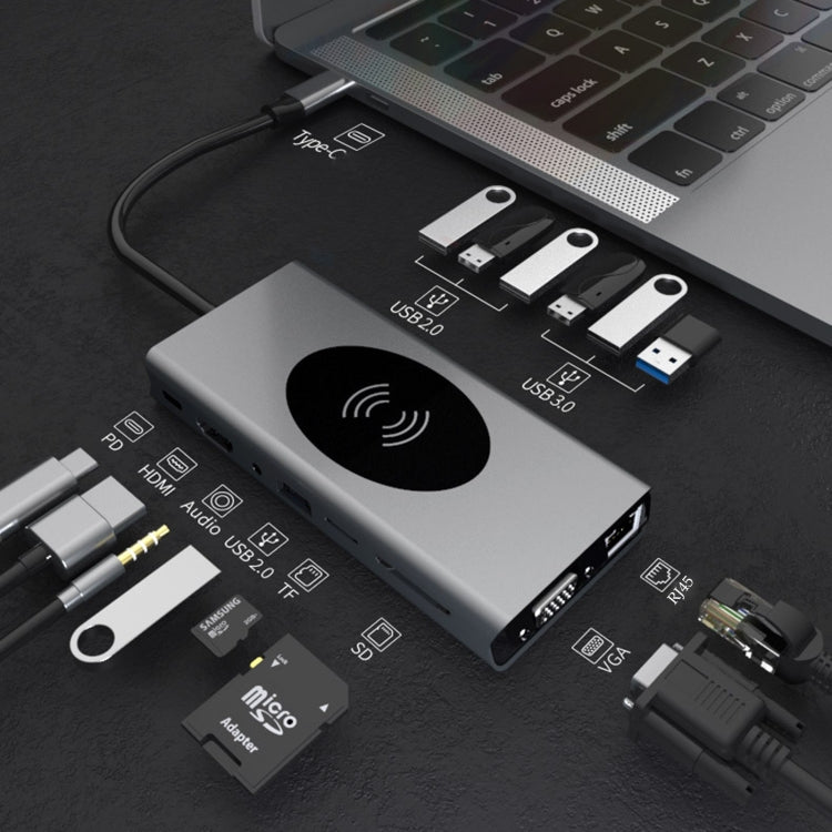 BX15W USB HUB Type-C Docking Station with Wireless Charge Function, BX15W – Fast Charging, Wireless Charging, Aluminum Alloy