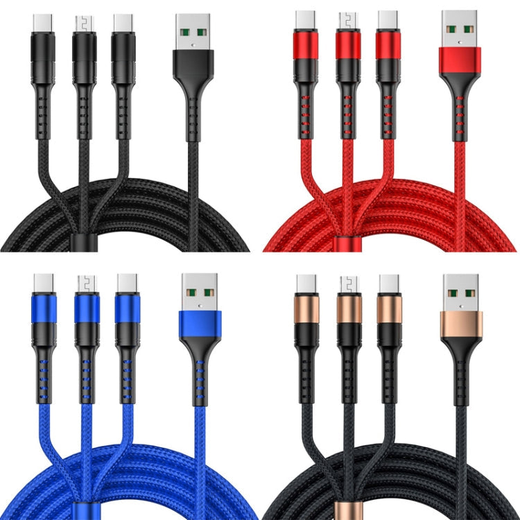 1.25m 3 In 1 USB to 8 Pin+Type-C+Micro USB Quick Charging Sync Data Cable, Output: 5A (Blue), 3A (Gold), 3A (Red), 3A (Black), 3A (Blue), 5A (Gold), 5A (Red), 5A (Black), 5A (Blue) – Fast Charging, Aluminum Alloy, Data Transmission