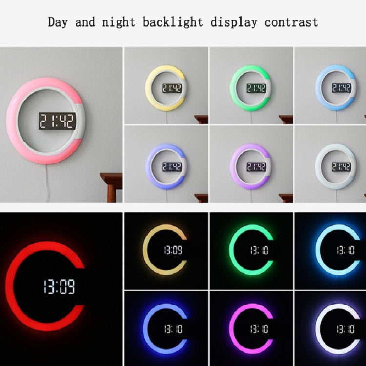 LED Mirror Hollow Wall Clock 7-color Switch Electronic Digital Display Wall Clock, Hollow Wall Clock