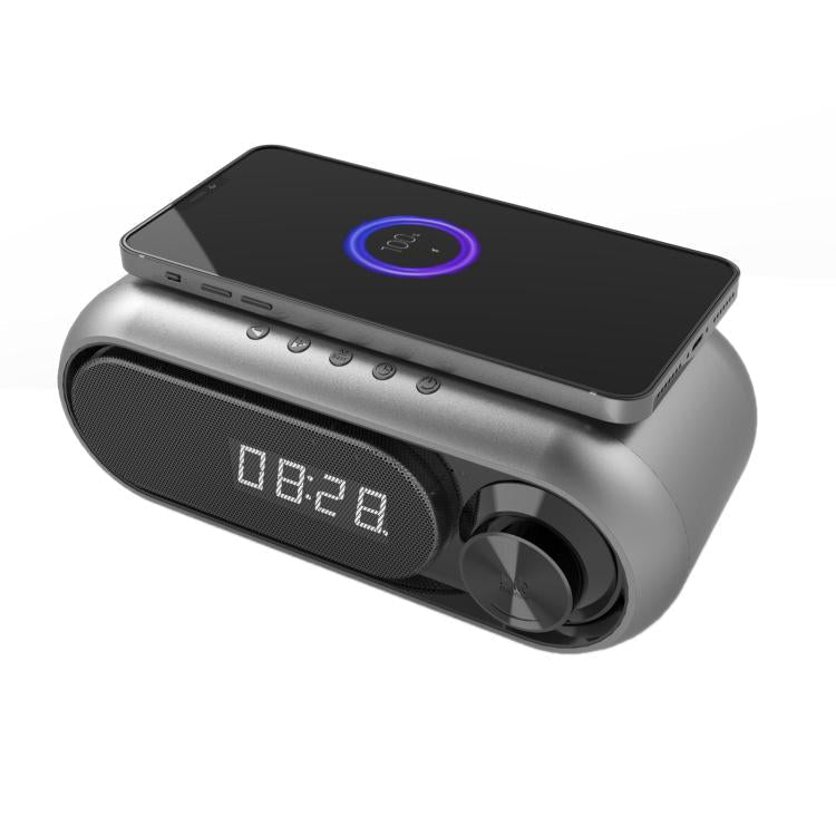 Wireless Charging Bluetooth Speaker Desktop LED Clock Metallic Gray 5W